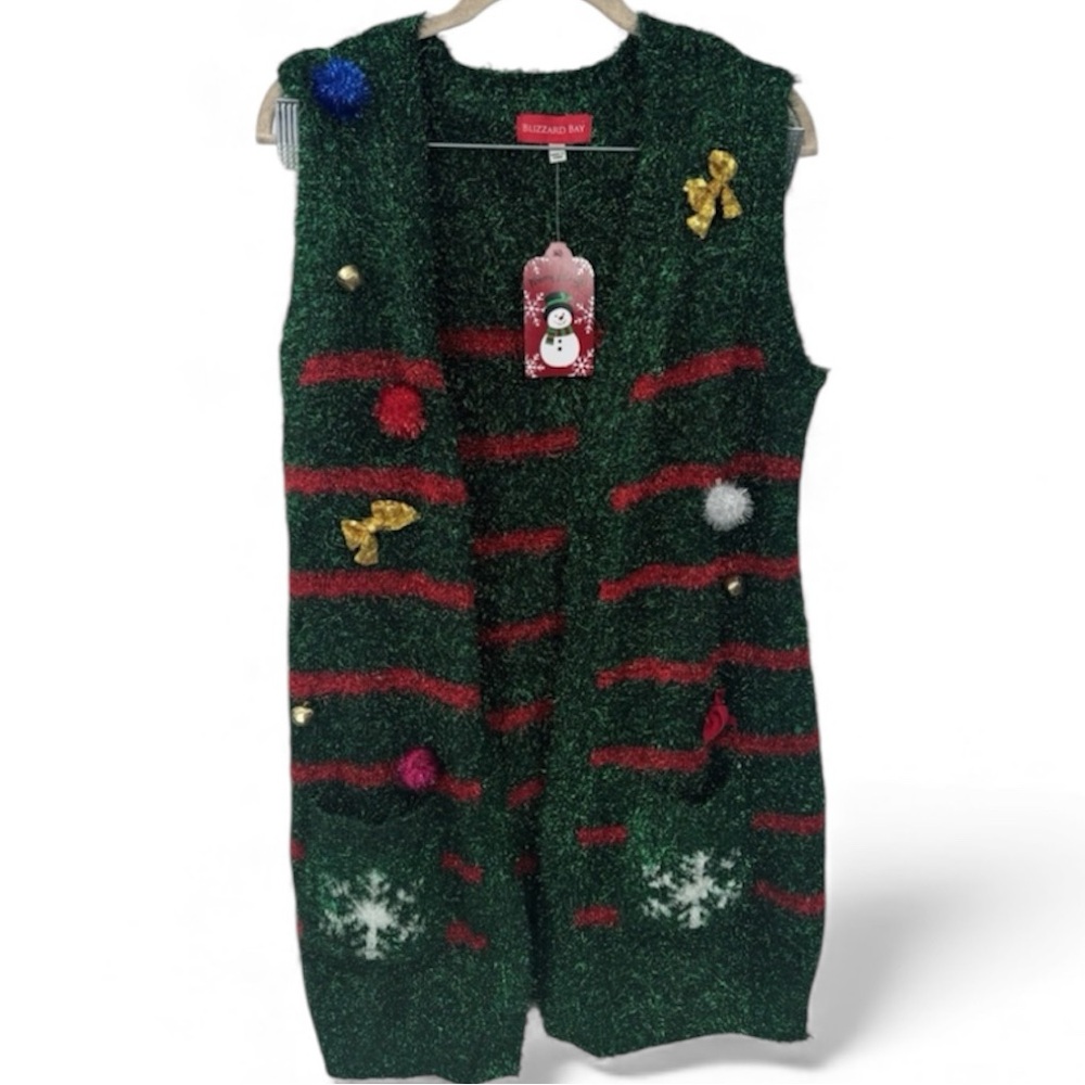 BLIZZARD BAY CHRISTMAS SWEATER VEST EVERGREEN HOLIDAY BOWS EYELASH KNIT SMALL